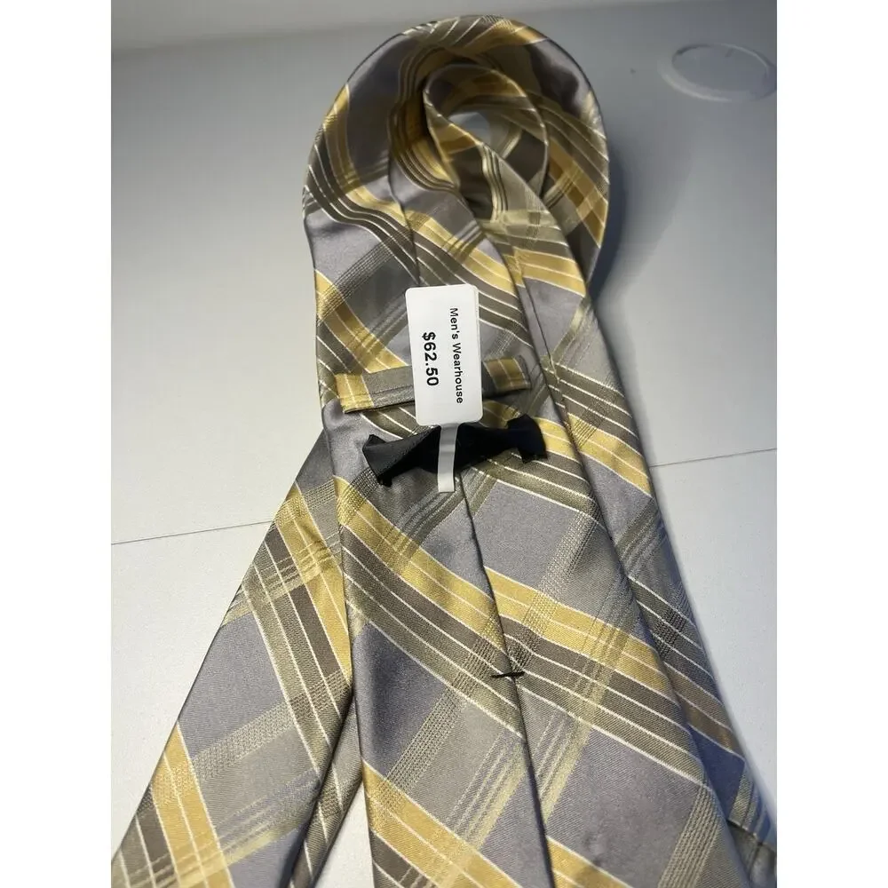 Calvin Klein Men's 100% Silk Tie EXTRA LONG Yellow Gold Gray NEW MSRP: $62.50